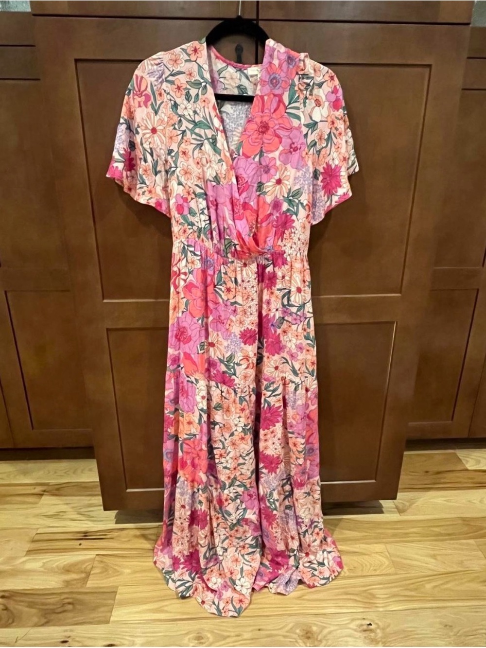 easel Pink & Coral Floral Wrap Maxi Dress